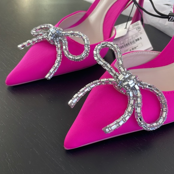 Women’s Zara Pink Slingback Heel Satin Effect Rhinestone Bow Shoes US 6 - Picture 4 of 11